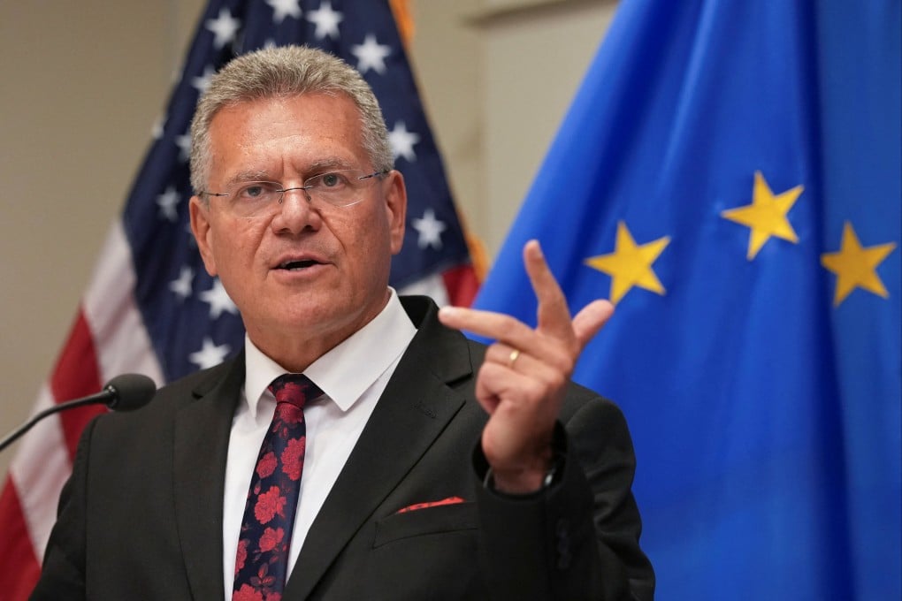 European Commissioner for Trade and Economic Security Maros Sefcovic speaks to the press in Washington on Friday. Photo: Reuters