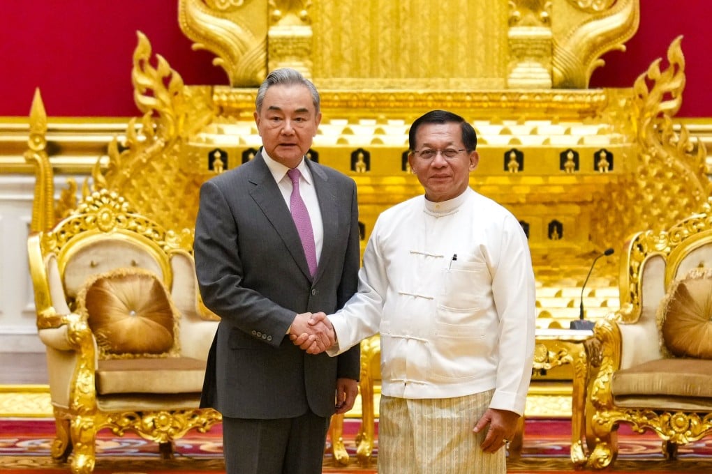 Chinese Foreign Minister Wang Yi meets Min Aung Hlaing, Myanmar’s junta leader-turned-president, in Naypyidaw on Saturday. Photo: Xinhua
