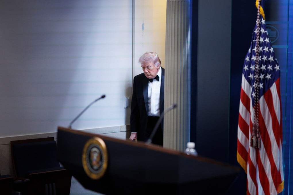 US President Donald Trump arrives at the White House press briefing room after a shooting incident outside the ballroom at the White House correspondents’ dinner in Washington on Saturday. Photo: AP