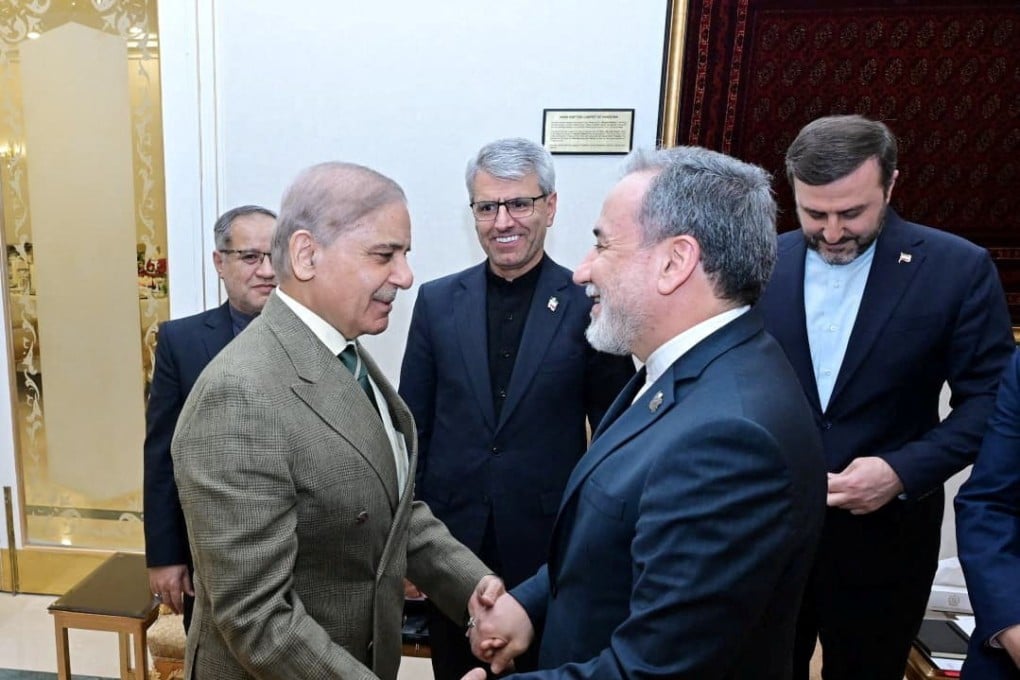 Pakistan’s Prime Minister Shehbaz Sharif, left, meets with Iranian Foreign Minister Abbas Araghchi in Islamabad, Pakistan, on Saturday. Photo: Reuters