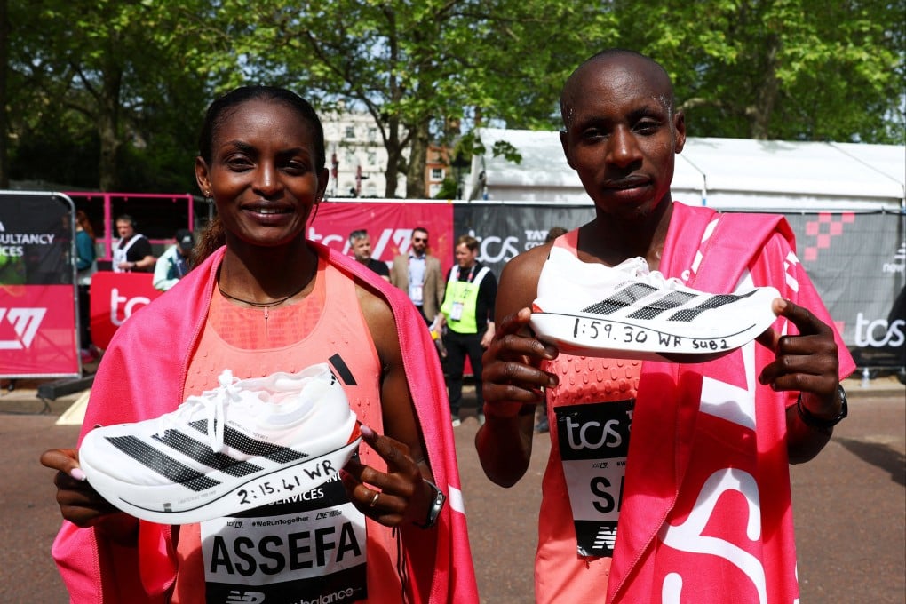 Ethiopia’s Tigst Assefa (left) and Kenya’s Sabastian Sawe with their Adidas Adizero Adios Pro Evo 3 shoes after winning and setting world records at the London Marathon on Sunday. Photo: Reuters