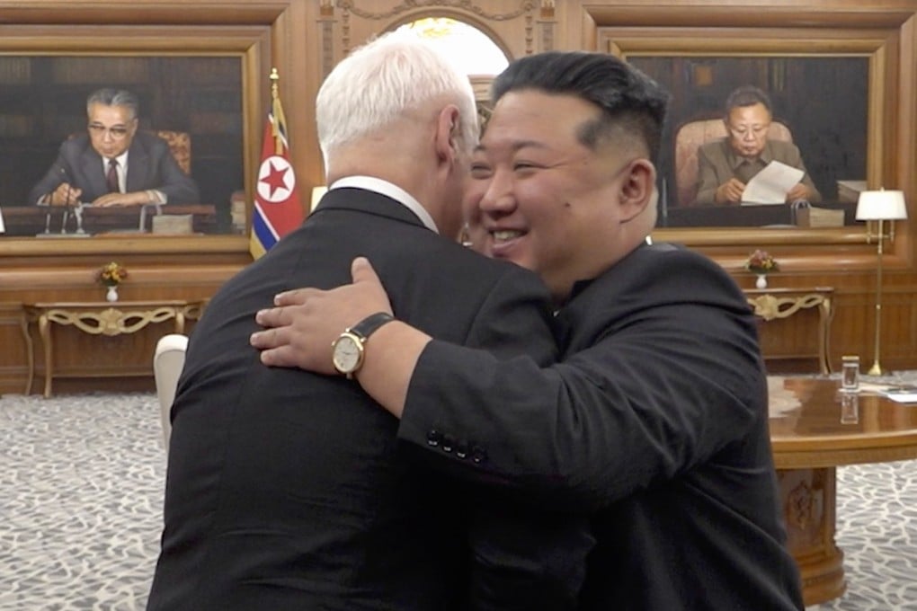 North Korean leader Kim Jong-un ((right) greets Russian Defence Minister Andrey Belousov with a hug in Pyongyang on Sunday. Photo: Russian Defence Ministry/EPA