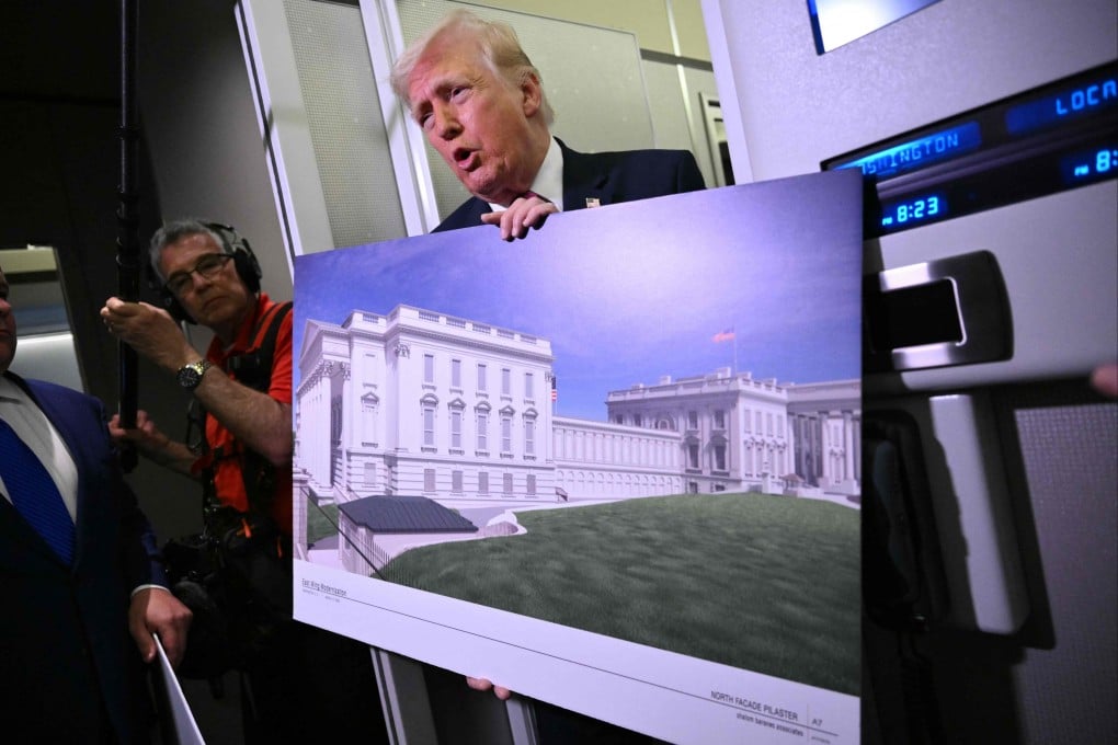 US President Donald Trump with a rendering of the East Wing modernisation. Photo: AFP