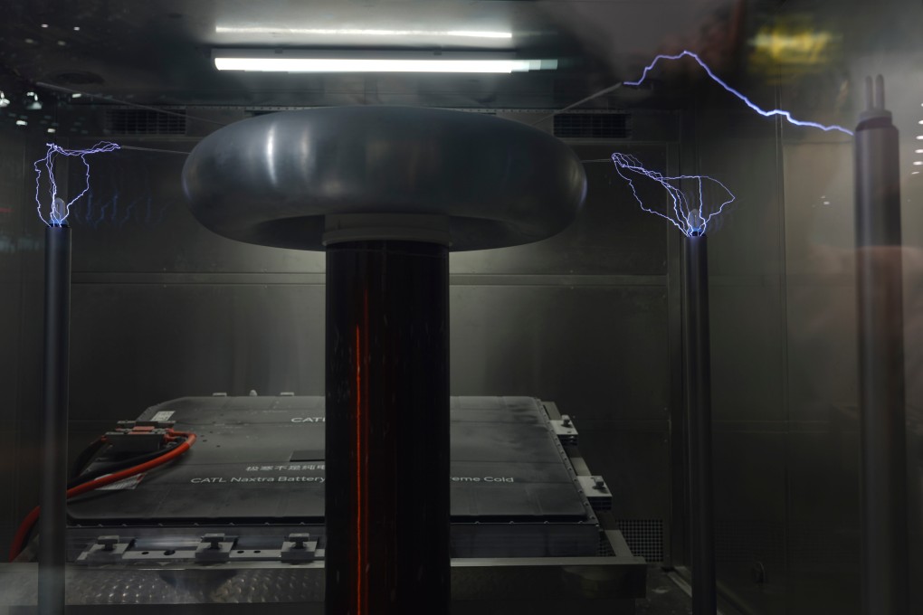 Electricity arcs in a cold-environment demonstration of CATL’s sodium-ion battery technology during Auto China 2026 in Beijing on April 25, 2026. Photo: AP Photo