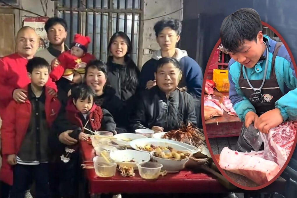 A 21-year-old man from China supports his six younger siblings, including a sister with a disabled hand and a brother with Down syndrome, by selling pork. Photo: SCMP composite/Douyin