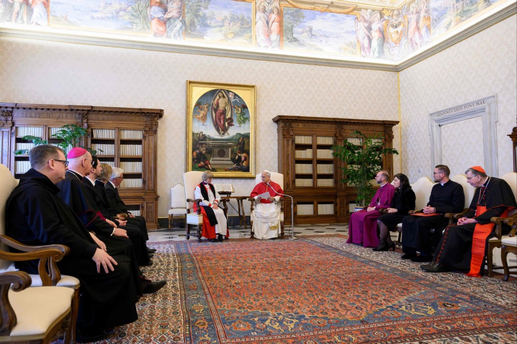 Pope Leo meets Archbishop of Canterbury Sarah Mullally at The Vatican on Monday. Photo: Simone Risoluti / Vatican media / AFP