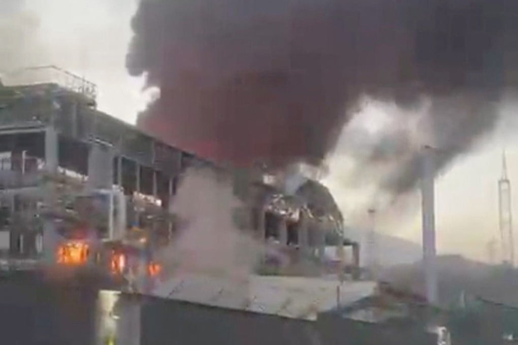 Smoke and flames rise after a Ukrainian drone attack at Russia’s Tuapse oil refinery, in this screengrab from a social media video released on Tuesday. Photo: via Reuters