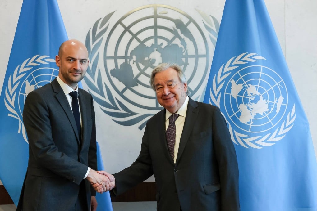 France’s Foreign Minister Jean-Noel Barrot, left, and UN Secretary General Antonio Guterres at the United Nations headquarters in New York on Monday, Photo: AFP