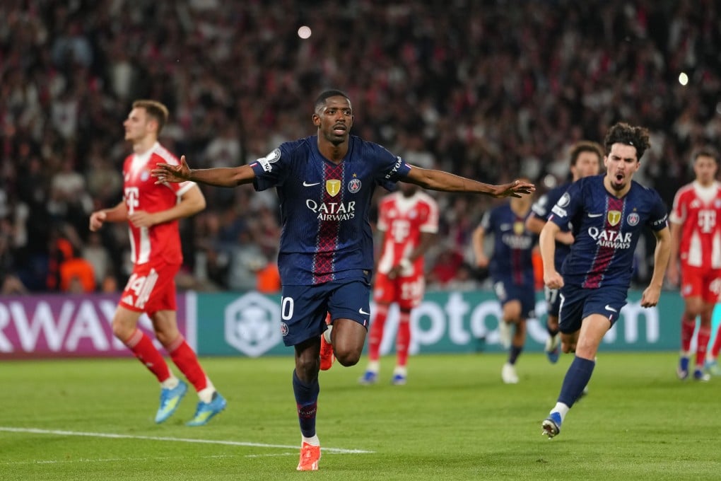 PSG’s Ousmane Dembele celebrates after scoring his side’s third goal during their Champions League first-leg semi-final against Bayern Munich in Paris on Tuesday. Photo: AP