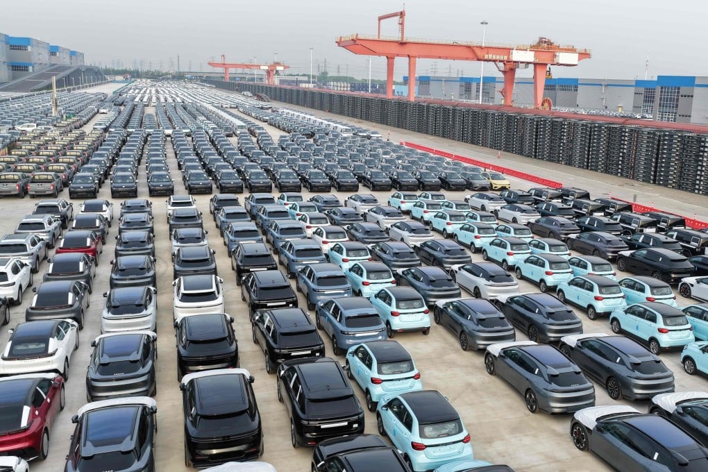 Large numbers of cars are lined up ready for export at a port in eastern China’s Jiangsu province. Photo: AFP