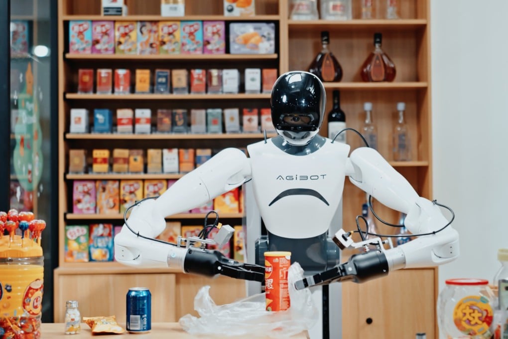 One of Agibot’s wheeled robots works at a supermarket checkout as the robotics sector reconsiders its business model to make the venture profitable. Photo: Handout