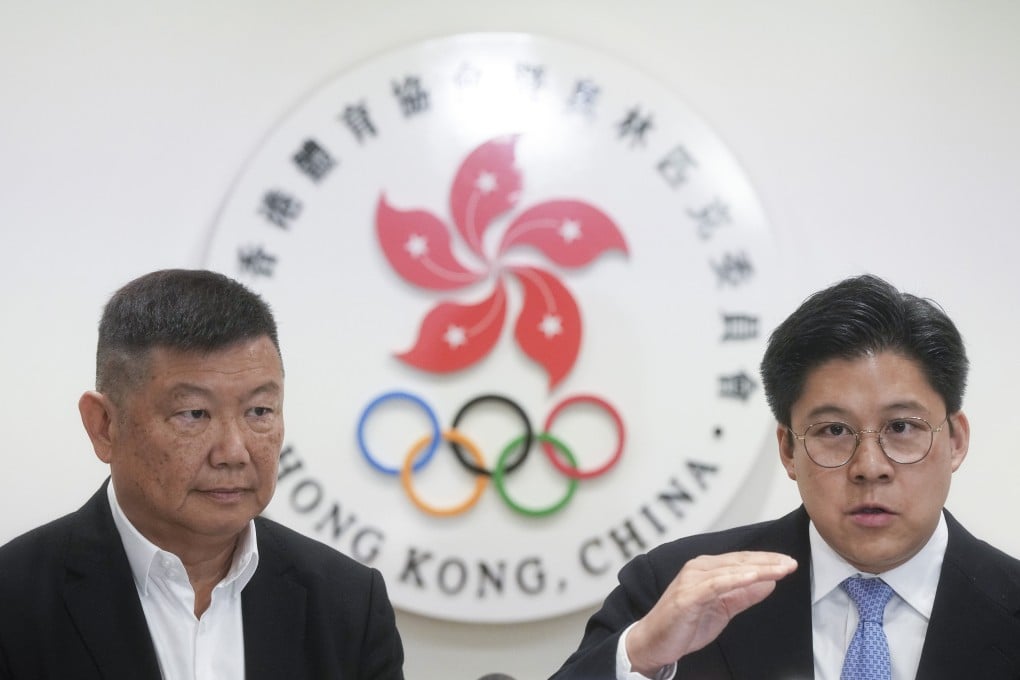 Edgar Yang (left), honorary secretary general of the Sports Federation and Olympic Committee, Hong Kong, and Kenneth Fok, the federation’s vice-president, discuss the code of governance report with the media on November 20, 2024. Photo: Elson Li