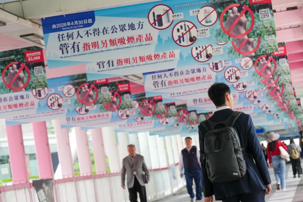 Posters promoting the ban on alternative smoking products as some online platforms continue to ship products to Hong Kong. Photo: Jelly Tse