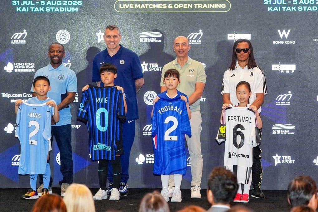 Footballers (from left) Shaun Wright-Phillips, Christian Vieri, Roberto Di Matteo and Edgar Davids attend the launch of the 2026 Hong Kong Football Festival on April 21. Photo: Elson Li
