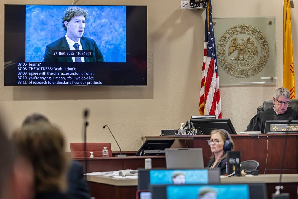 A recording of Meta Founder and CEO Mark Zuckerberg’s deposition is played for the jurors on March 4, in Santa Fe, New Mexico, USA. Photo: AP