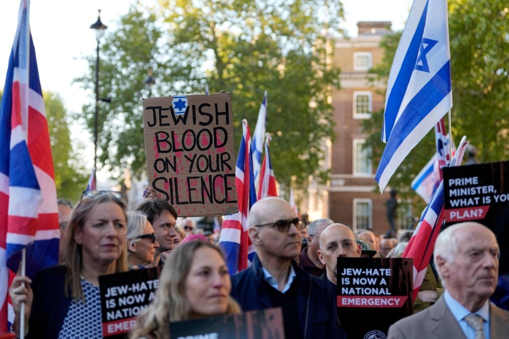 People attend a rally organised by the Campaign Against Antisemitism in London on Thursday, following the stabbing of two Jewish men a day earlier in Golders Green, north London. Photo: AFP