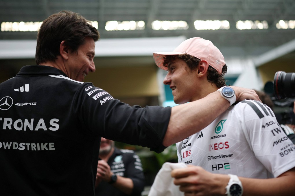 Mercedes team principal Toto Wolff (left) with driver Kimi Antonelli after the Italian won the Miami Grand Prix at Miami International Autodrome on Sunday. Photo: AFP