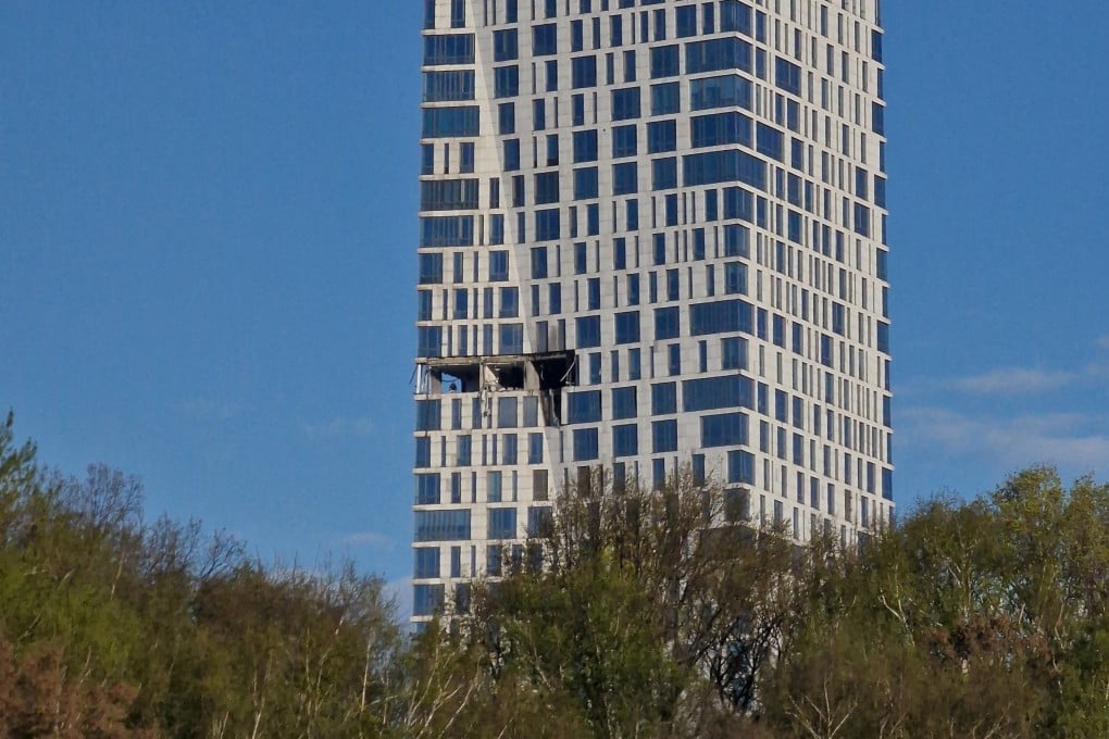 The damaged facade of the high-rise Moscow building following the drone attack. Photo: Reuters