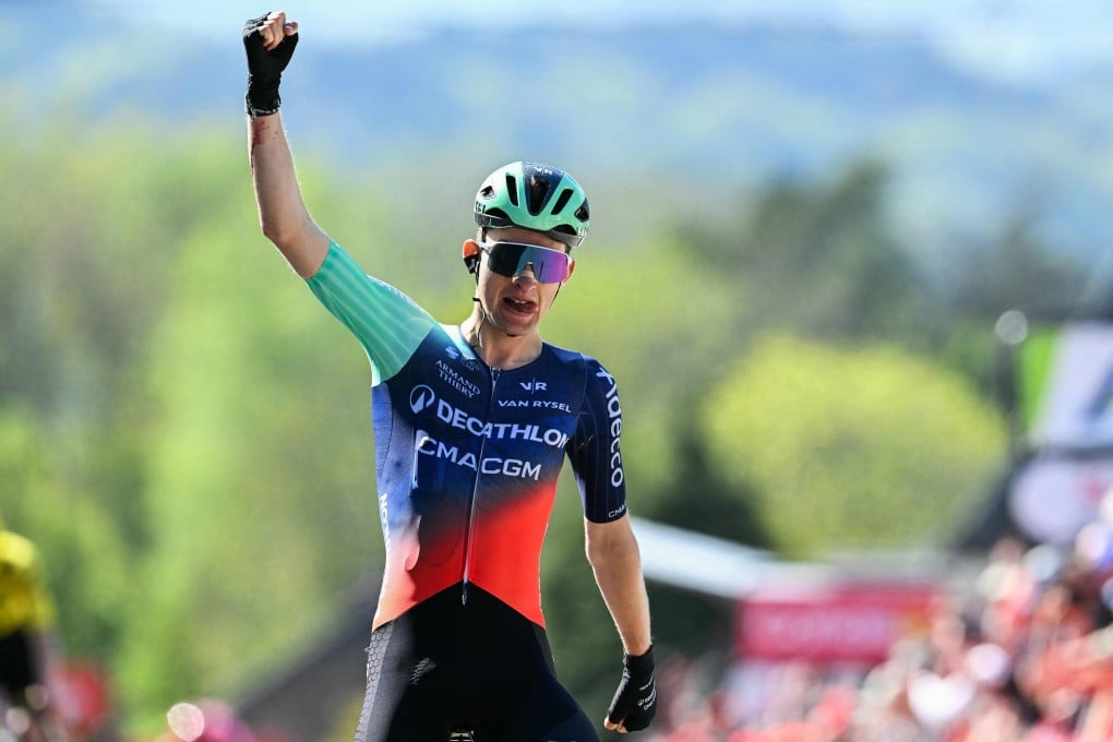Paul Seixas crosses the finish line to become the youngest winner of the Flèche Wallonne race, 200km from Herstal to Huy, on April 22. Photo: AFP