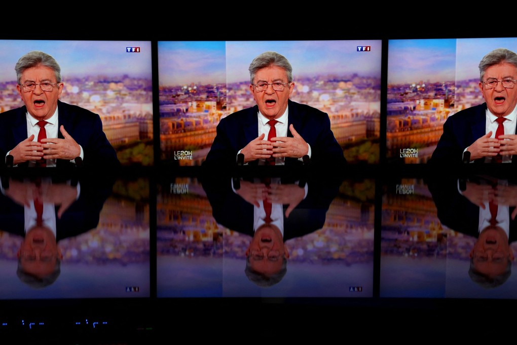 Jean-Luc Melenchon on TV screens as he announces his candidacy for the 2027 French presidential election. Photo: AFP