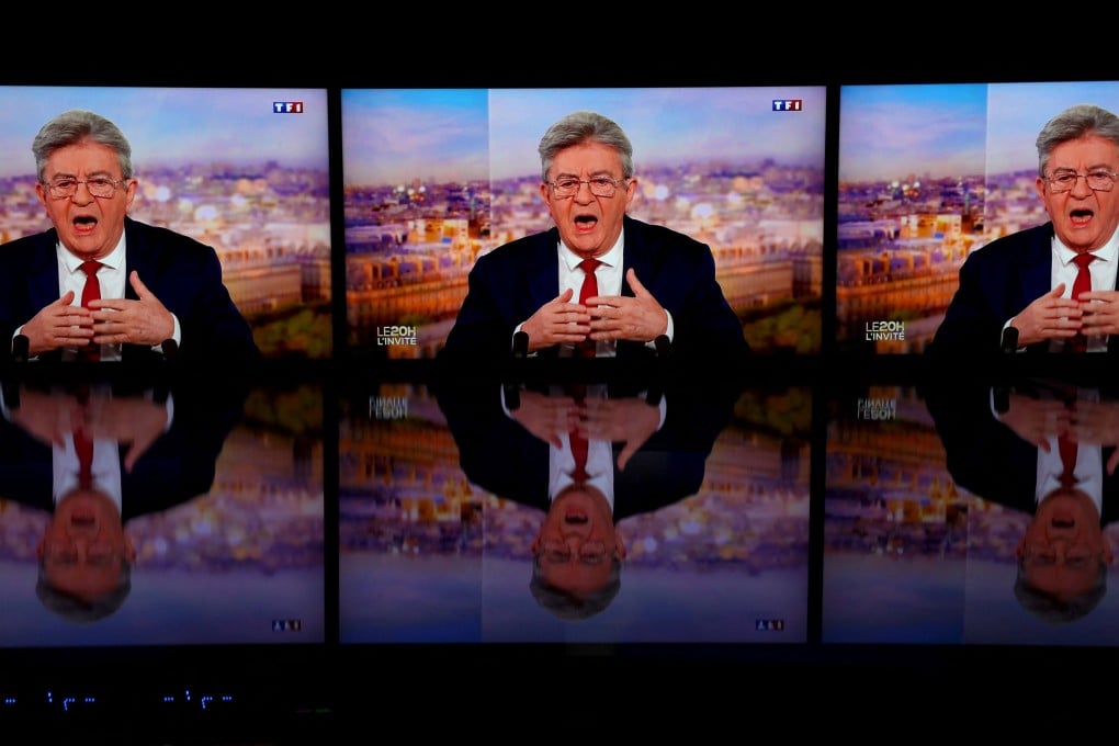 Jean-Luc Melenchon on TV screens as he announces his candidacy for the 2027 French presidential election. Photo: AFP