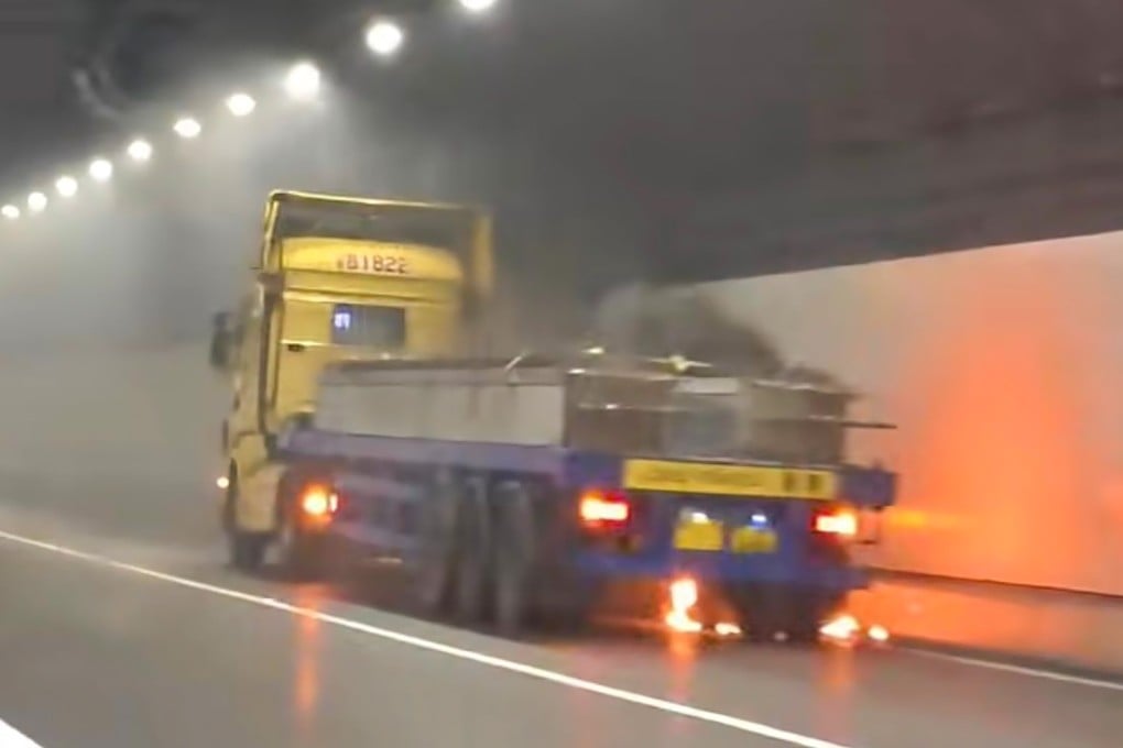 The truck catches fire inside the undersea section of the Hong Kong-Zhuhai-Macau Bridge. Photo: Facebook