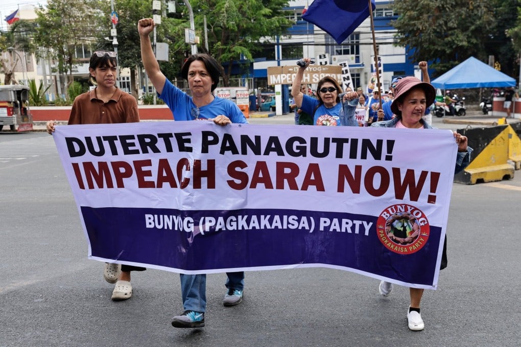 Protesters hold a rally to call for the impeachment of Philippine Vice-President Sara Duterte, outside the House of Representatives in Quezon City on April 29. Photo: EPA