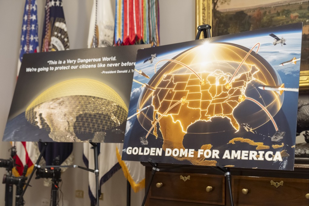 Posters for the proposed Golden Dome for America missile defense shield are displayed before an event with US President Donald Trump in the Roosevelt Room at the White House in May 2025. Photo: AP