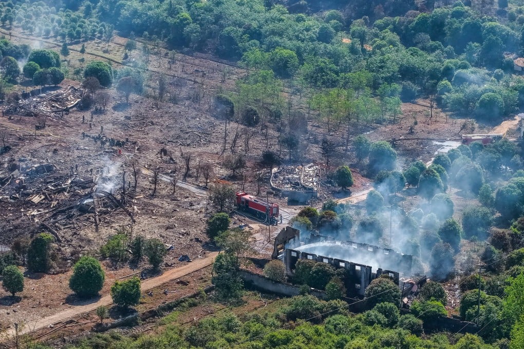 A drone captured this image on Tuesday of the smouldering accident site after Monday’s explosion at a fireworks factory in China’s Hunan province. Photo: Xinhua