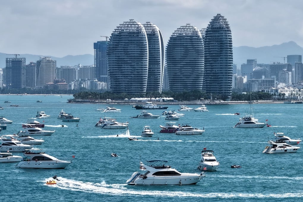 Dozens of yachts are seen in waters off the coast of China’s Hainan province on Sunday, during a five-day national holiday. Photo: Xinhua