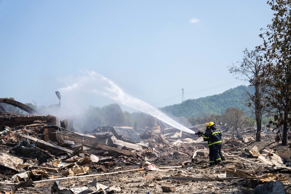 Rescuers work on site after an explosion at a fireworks plant in Liuyang, central China’s Hunan province, on May 5. Photo: Xinhua