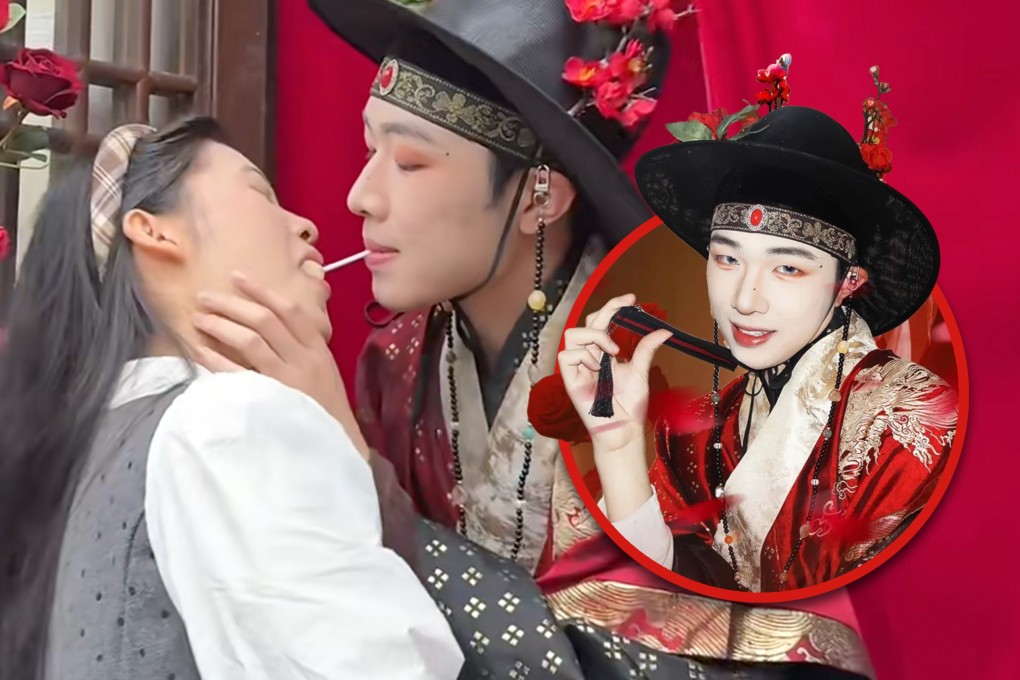 A male performer at a scenic attraction in China has attracted viral attention for his controversial “lollipop kiss,” where he transferred a lollipop directly from his mouth to that of visitors. Photo: SCMP composite/RedNote