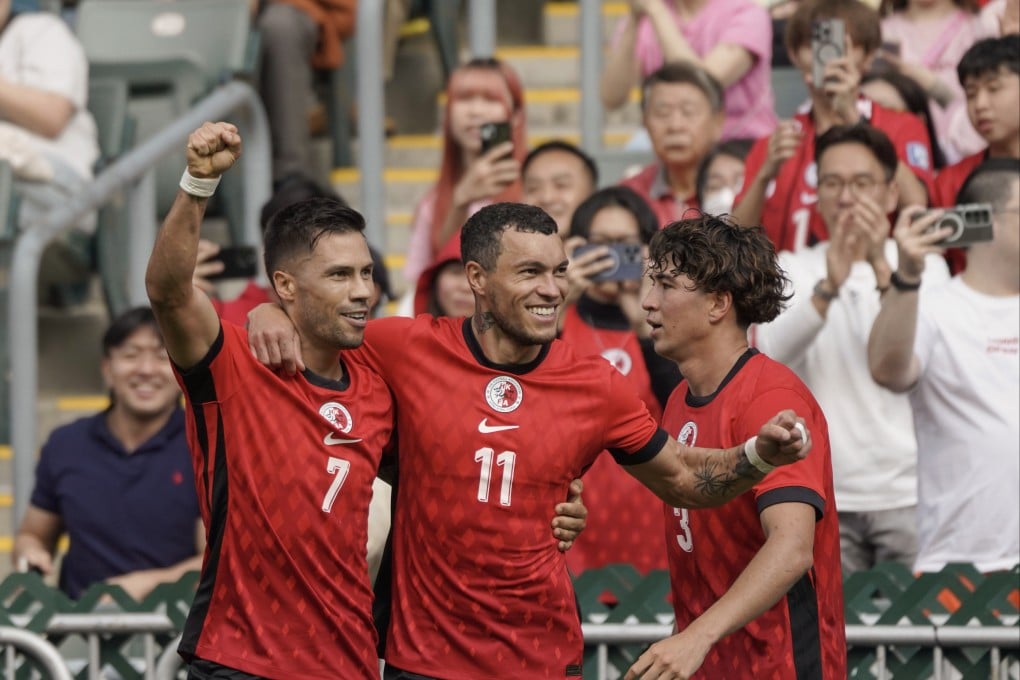 Hong Kong trio (from left) Juninho, Everton Camargo and Jay Haddow celebrate a goal against FC Seoul back in February. Photo: Karma Lo