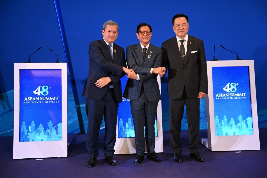 Thai Prime Minister Anutin Charnvirakul (right), Cambodian leader Hun Manet (left) and Philippine President Ferdinand Marcos Jnr hold hands as they meet ahead of the Asean summit in Cebu, Philippines, on Thursday. Photo: Reuters