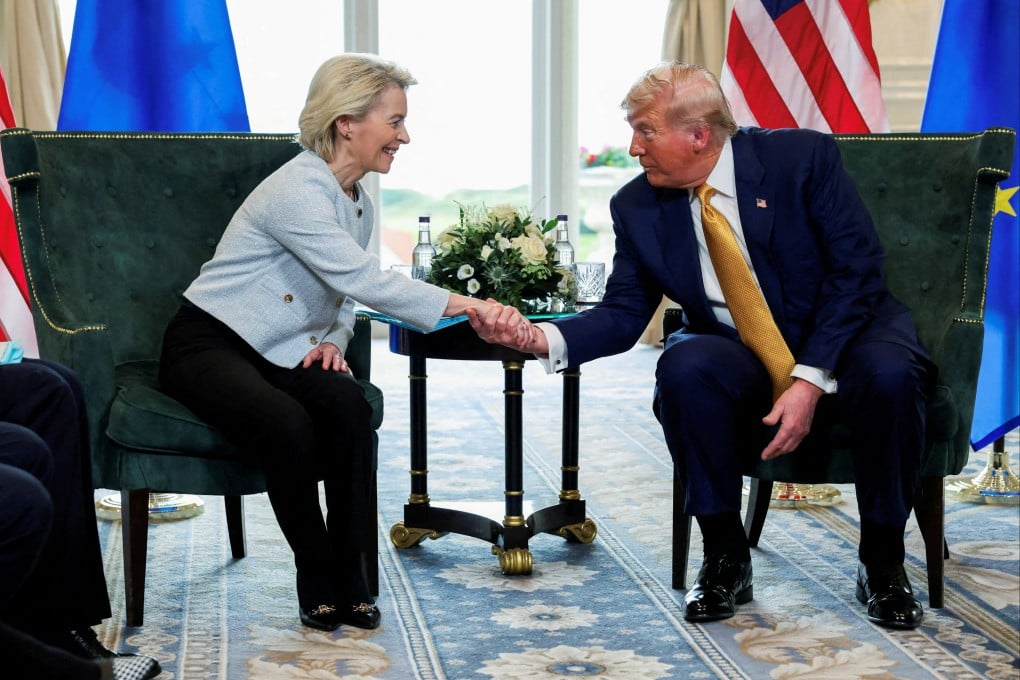US President Donald Trump shakes hands with European Commission President Ursula von der Leyen in Turnberry, Scotland, UK on July 2. Photo: Reuters