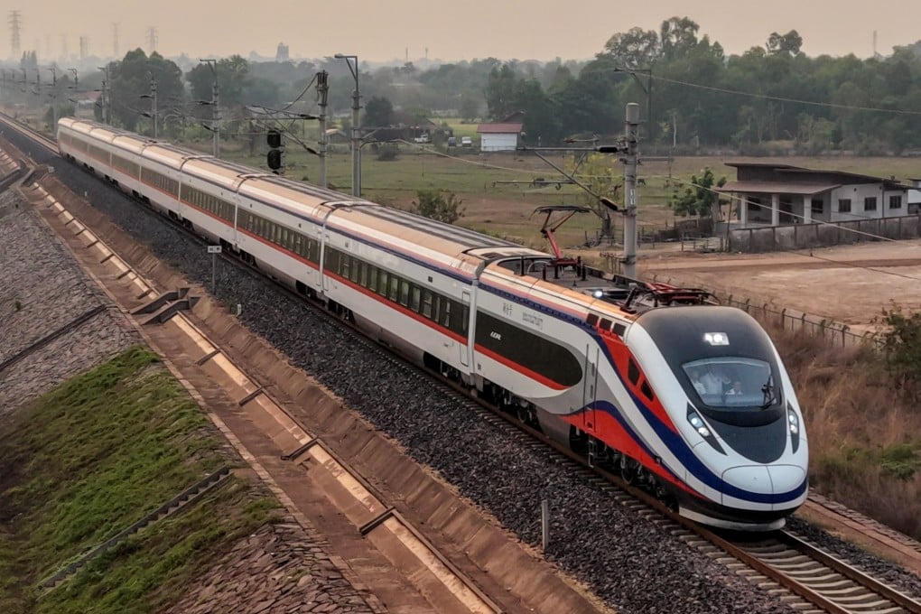 An aerial drone photo taken on April 13 shows a train of the China-Laos Railway, departing from Kunming in southwest China’s Yunnan province, arriving in Vientiane, Laos. Photo: Xinhua