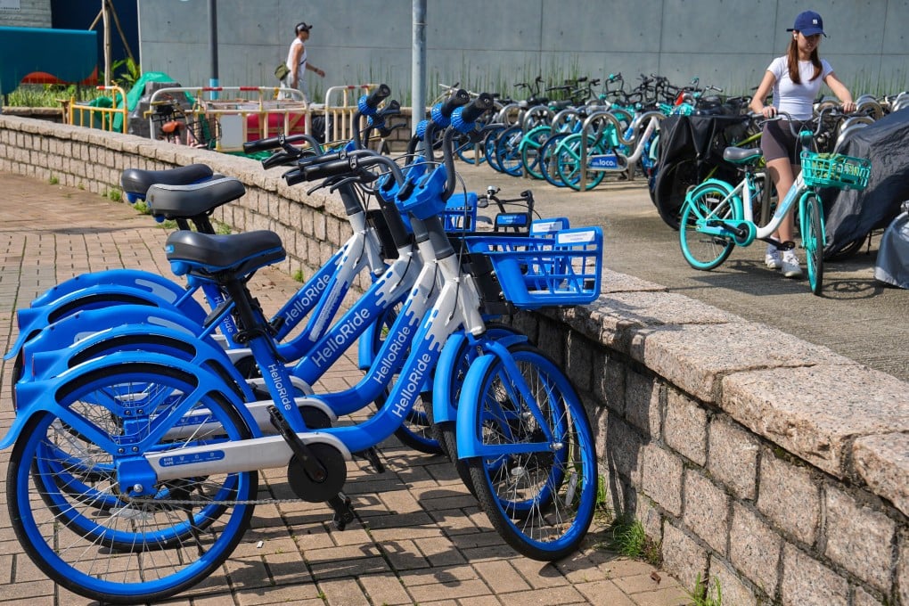 Locobike and Helloride bicycles parked near a cycling track in Tseung Kwan O. Photo: Elson Li
