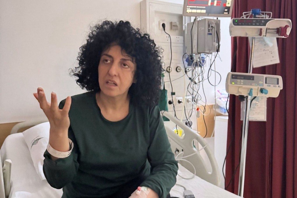 Iranian human rights activist Narges Mohammadi in a hospital in Tehran on Saturday. Photo: Narges Foundation Archive via AP