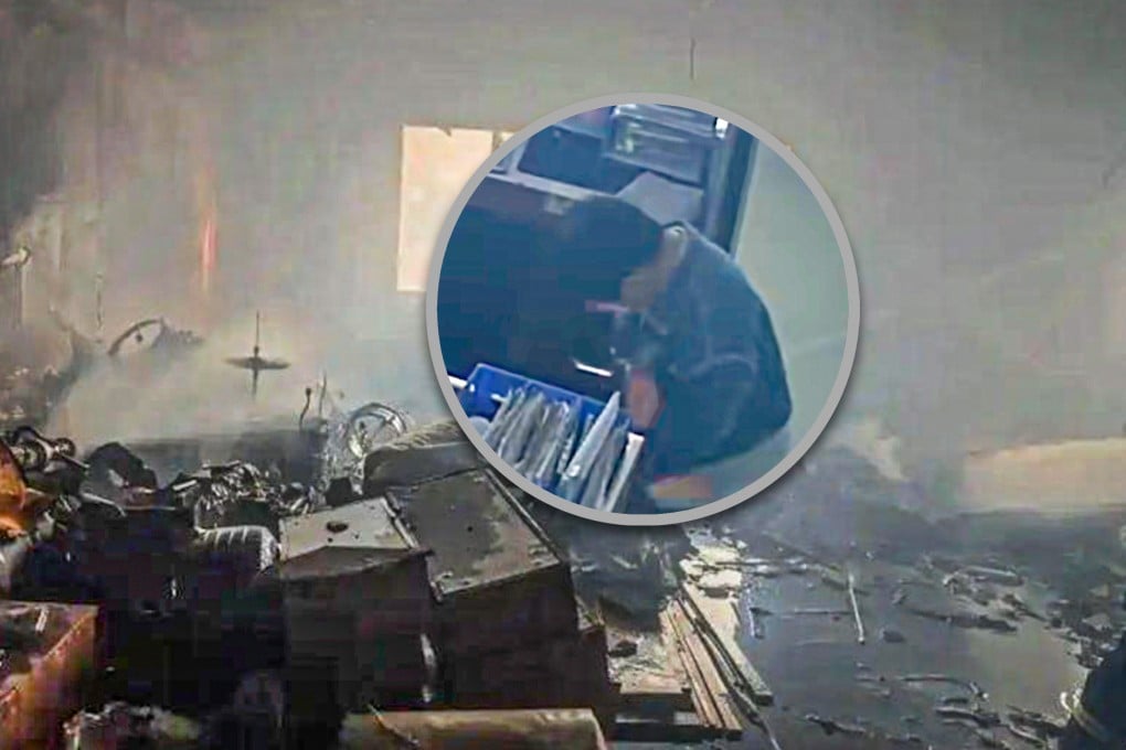 A parent in China took their 12-year-old son to work where the boy played with fire igniting office clutter, quickly resulting in an extensive blaze that destroyed an entire office. Photo: SCMP composite/Douyin