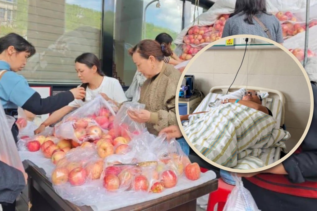 A farmer in China had a stroke while selling 4,000kg of apples. Hospital staff then sold the apples for him in 19 hours. Photo: SCMP composite/news.hubeidaily.net