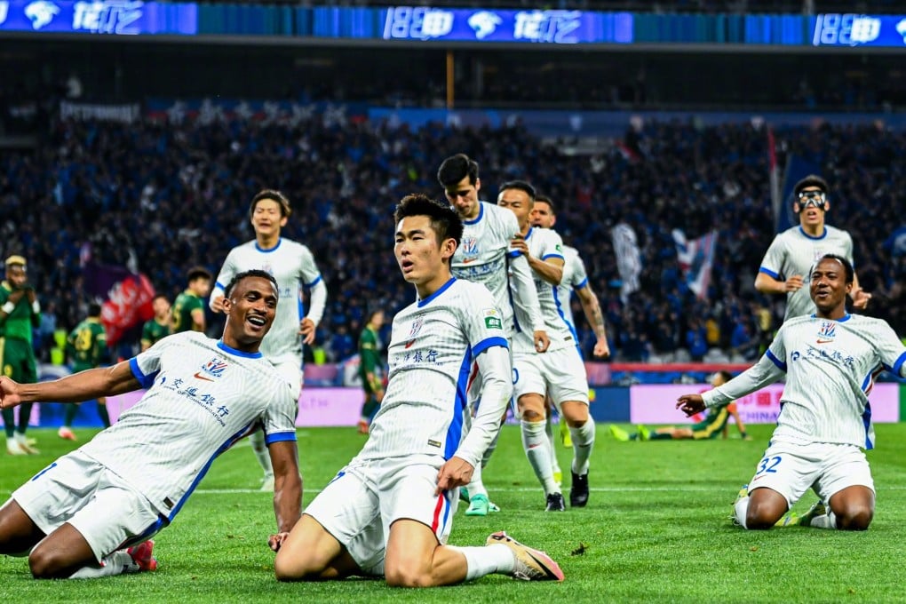 Shinichi Chan (middle) celebrates scoring for Shanghai Shenhua. Photo: Weibo/ Shanghai Shenhua