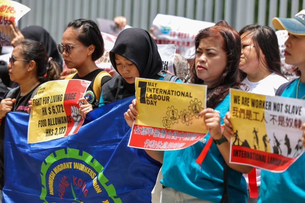 The Asian Migrants Coordinating Body holds a protest to call for a living wage and better working conditions for migrant domestic workers in Hong Kong, in front of the Central Government Offices, on May 1. Photo: Nora Tam