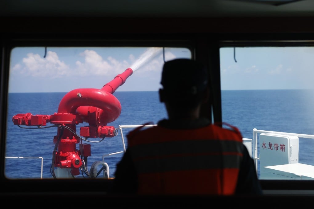 A Chinese coastguard vessel tests its water cannon in the South China Sea on May 5. Photo: Xinhua
