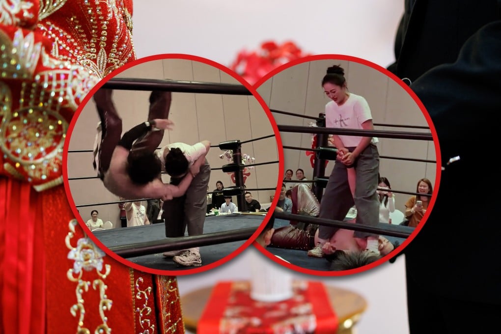 A Chinese couple made their wedding unforgettable by incorporating a wrestling match during which guests cheered as the loser faced housework duties. Photo: SCMP composite/Douyin