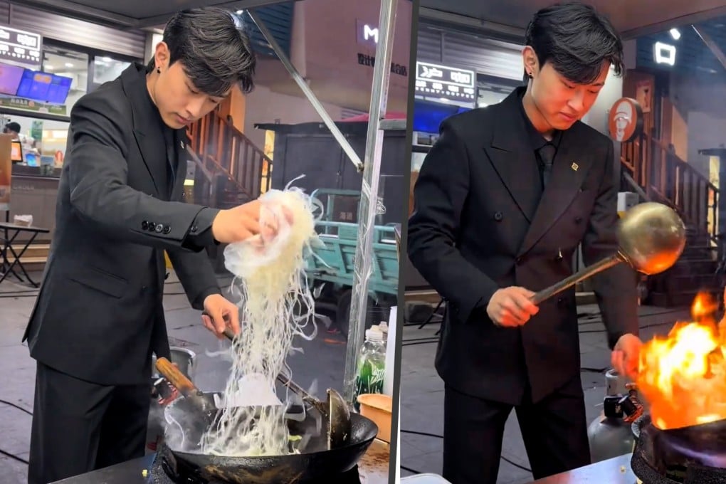 A young man in China earns US$7,400 a month selling fried rice at a night market dressed in a suit as if he were going to the office. Photo: SCMP composite/Douyin