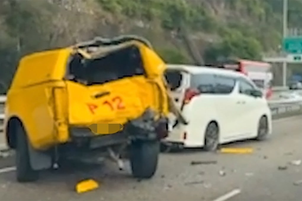 The crushed back of the highway patrol vehicle and the minivan carrying the tourists on Cheung Tsing Highway. Photo: Handout
