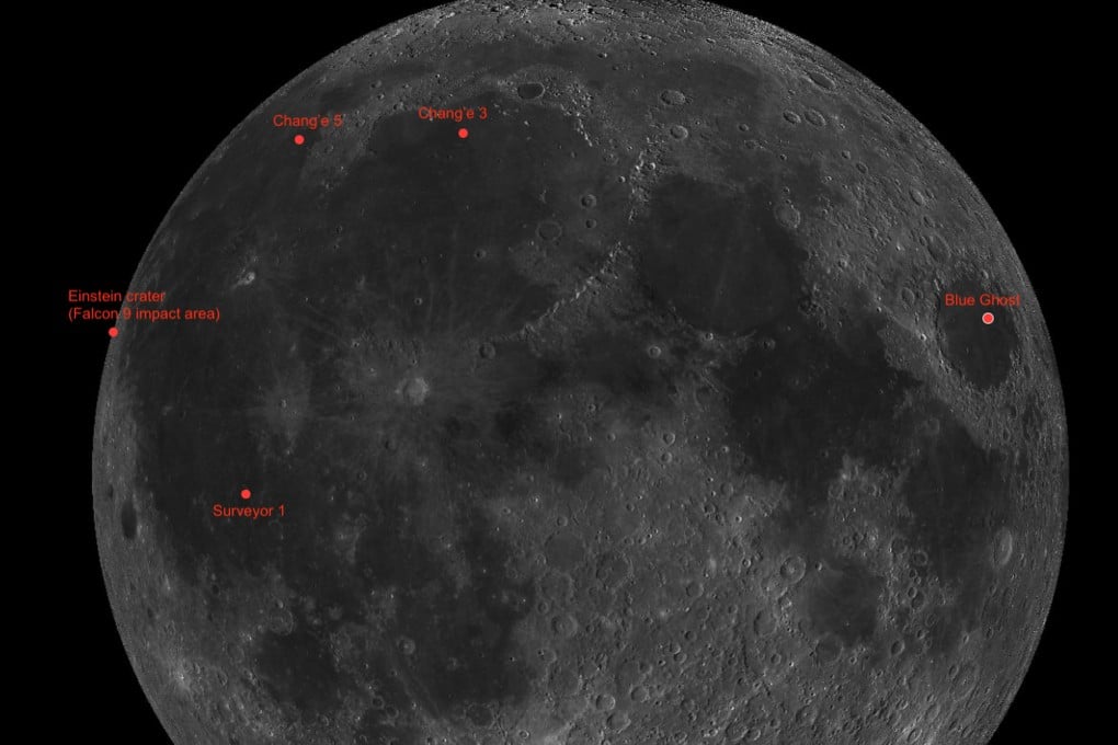 Nasa’s Lunar Reconnaissance Orbiter map shows the predicted impact site for a Falcon 9 rocket part, expected to strike the moon in August, and the locations of other moon landers. Photo: Nasa