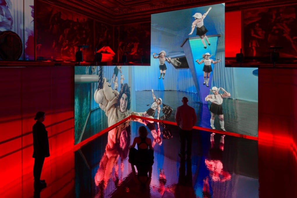 A scene from Natasha Tontey’s “The Phantom Combatants and the Metabolism of Disobedient Organs” (2026) multi-panel video installation at the Ateneo Veneto cultural institute in Venice, Italy, for the Venice Biennale. Photo: Jacopo La Forgia
