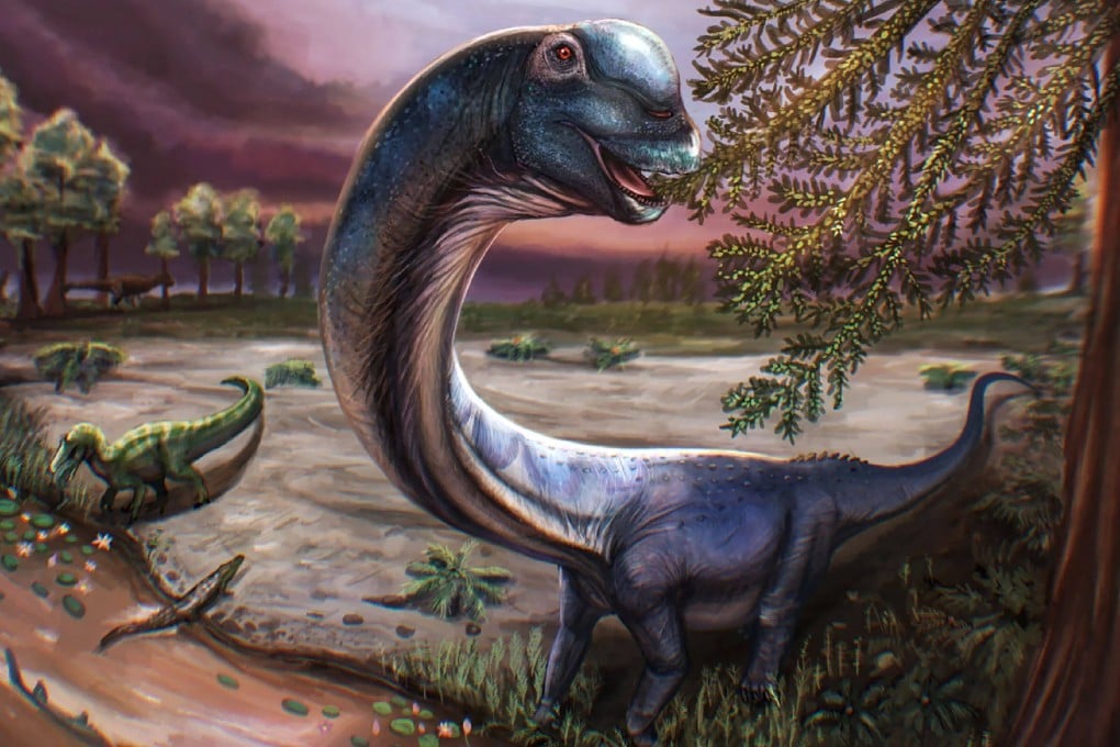 An artist’s impression of the Cretaceous period sauropod dinosaur Nagatitan chaiyaphumensis. Photo: Patchanop Boonsai/AFP