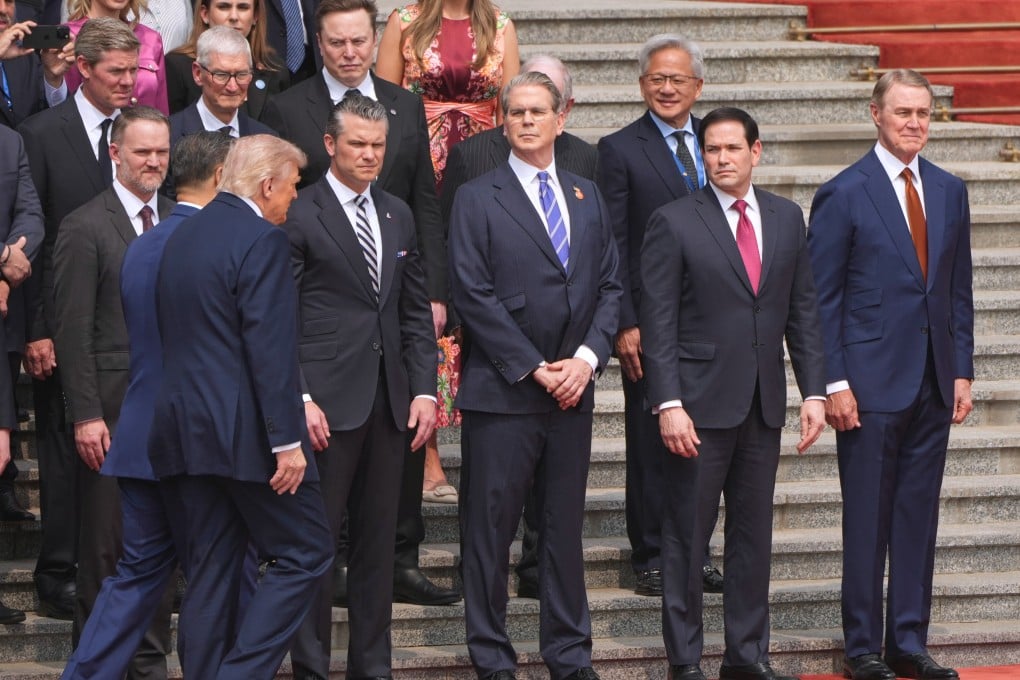 US tech bosses and officials attend a welcome ceremony at the Great Hall of the People in Beijing on May 14 as US President Donald Trump and Chinese President Xi Jinping arrive. Photo: AP